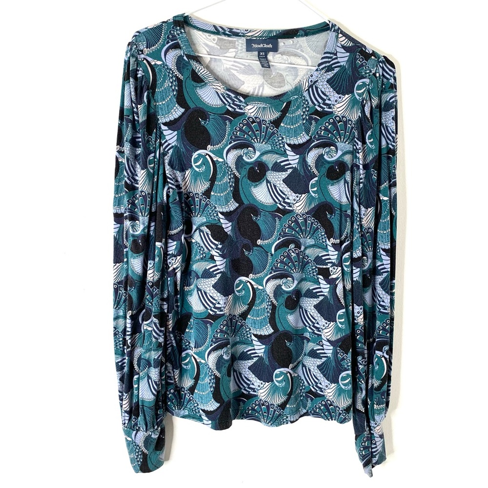 ModCloth Green Blue Peacock Paisley Long Sleeve Top
